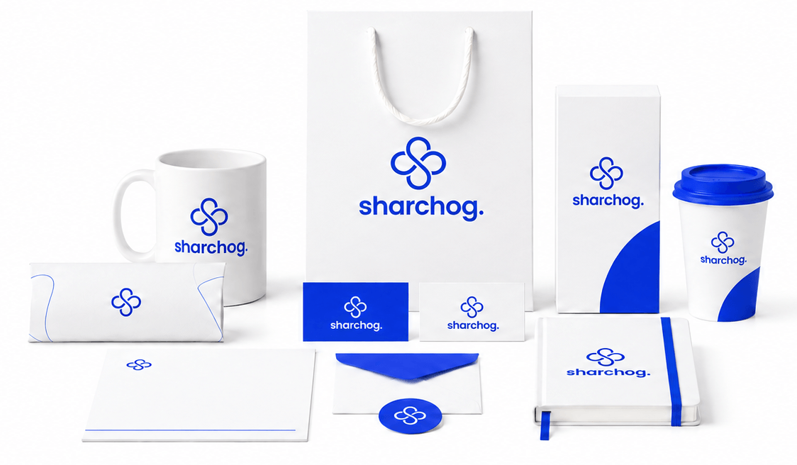 Sharchog identity in blue: packaging, stationery and merchandise