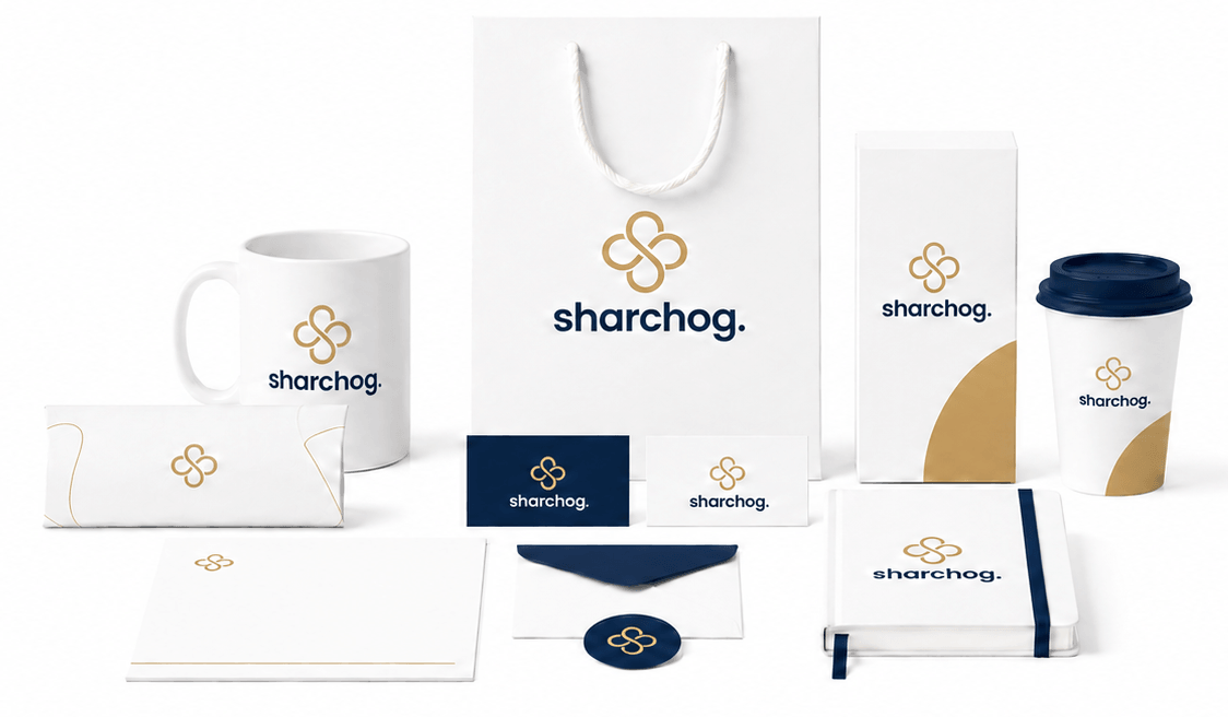 Sharchog identity in navy: packaging, stationery and merchandise
