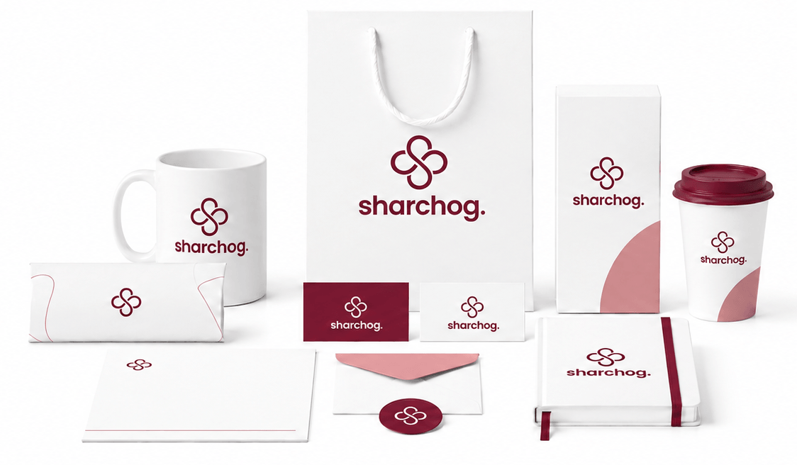 Sharchog identity in rose: packaging, stationery and merchandise