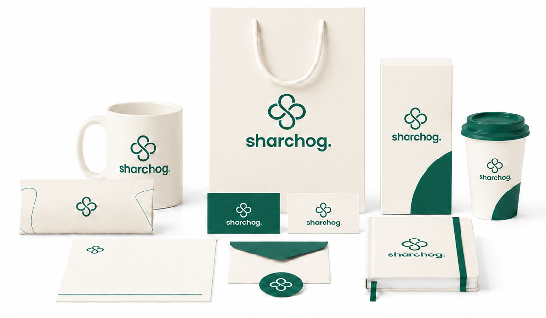 Sharchog identity in green: packaging, stationery and merchandise
