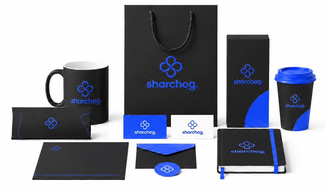 Sharchog identity in charcoal: packaging, stationery and merchandise