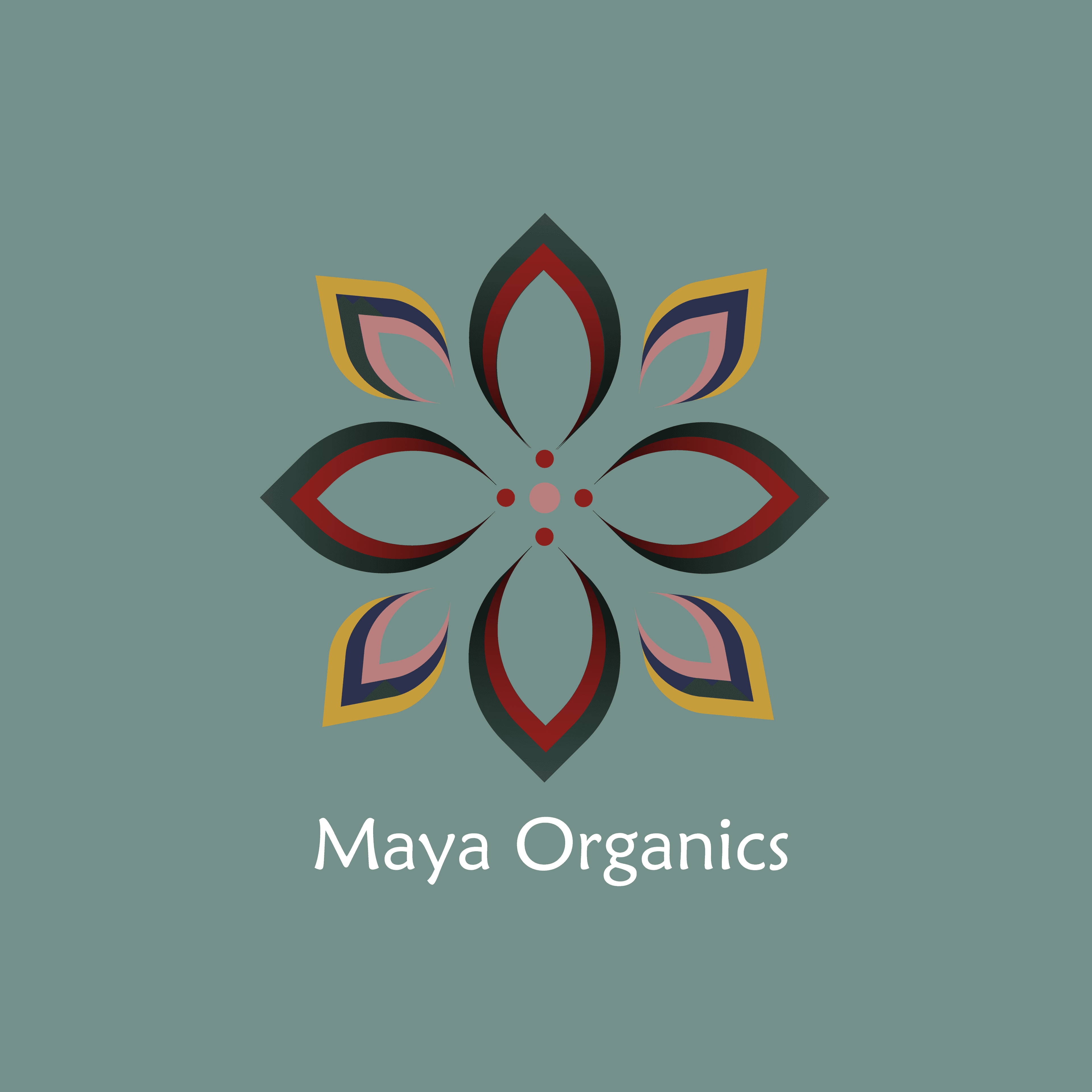 Maya Organics flower mark and wordmark on a sage background