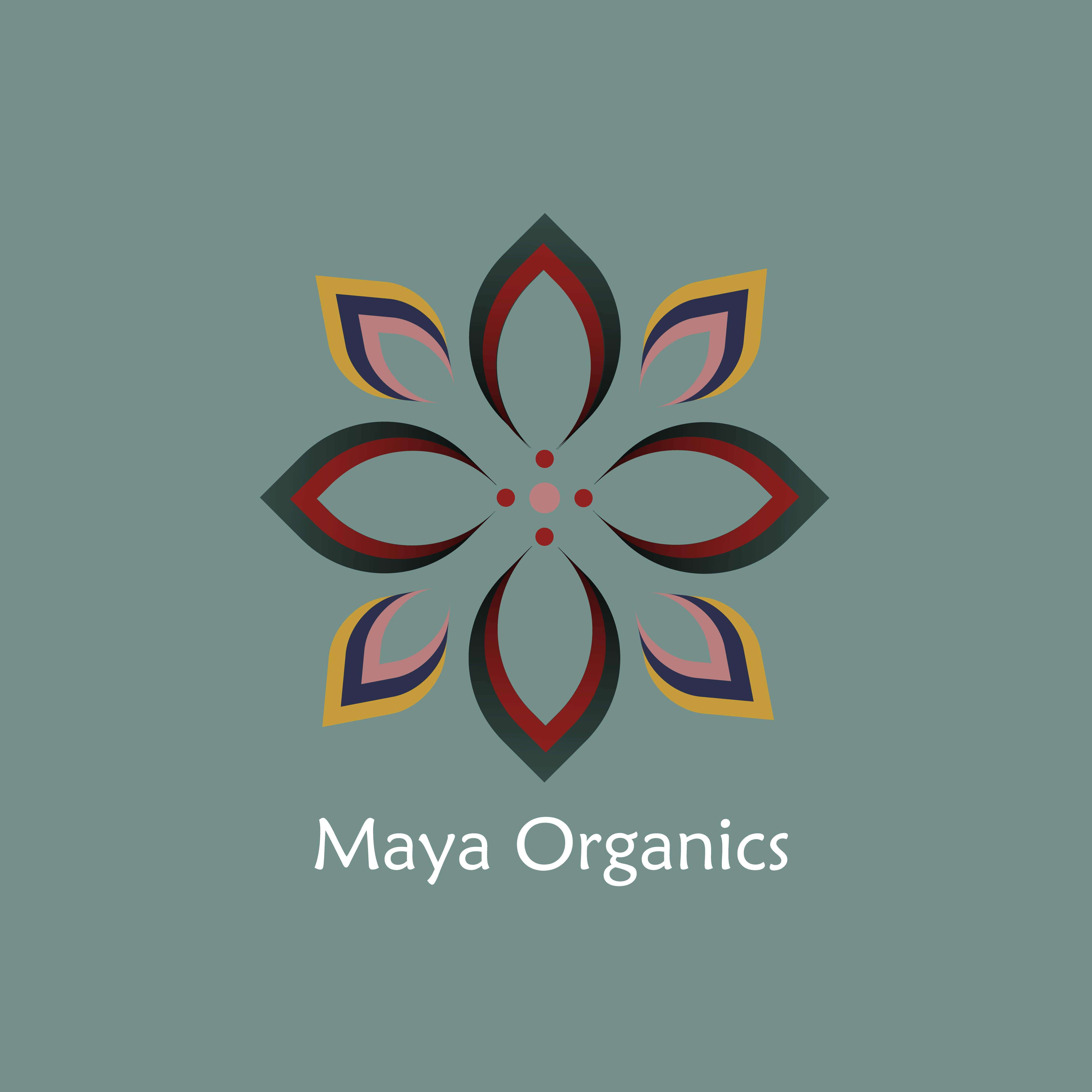 Maya Organics flower mark and white wordmark on sage