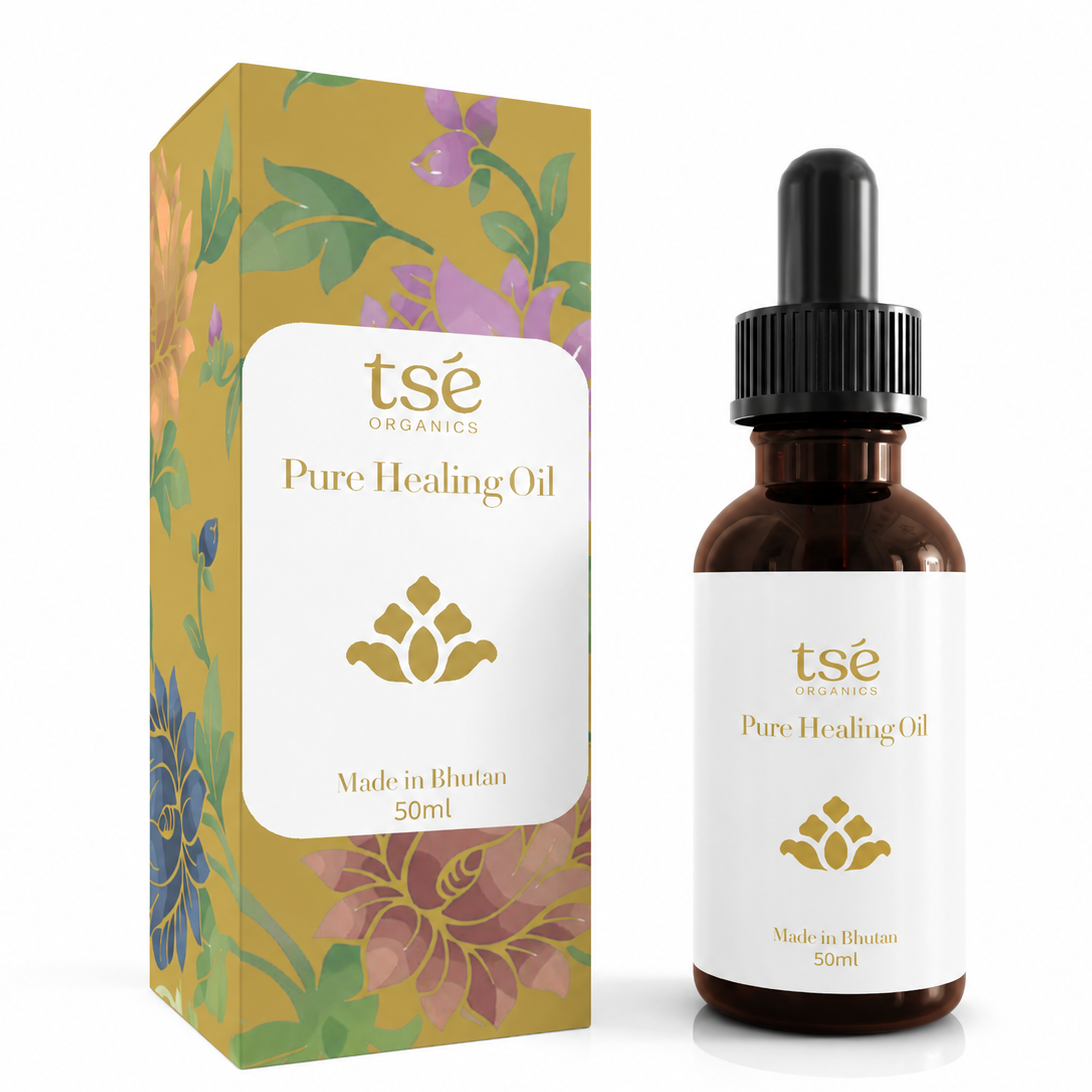 Tsé Pure Healing Oil gold label and upright floral box on white